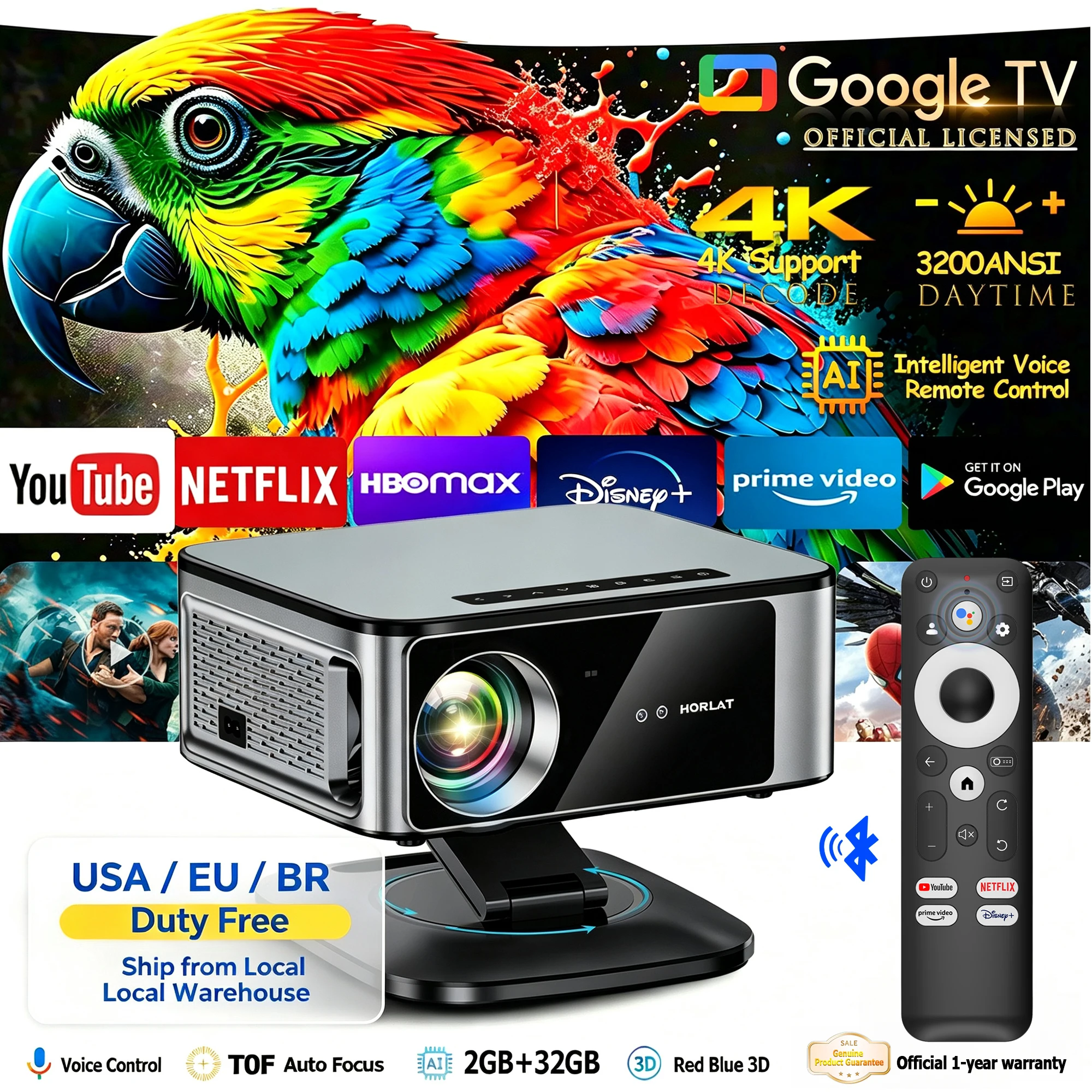 Image of HORLAT 3200 Ansi Lumen 4K Full HD Projektor T10ULTRA 2G 32G Heimkino WLAN Android 14 Tragbarer Smart TV Kino-Beamer