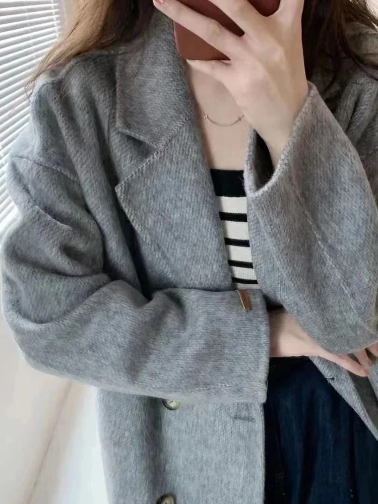 

High End Double Sided Wool Coat Notched Collar Breasted Loose Big Size Female Fashion Overcoat 2025 New 2DA8058