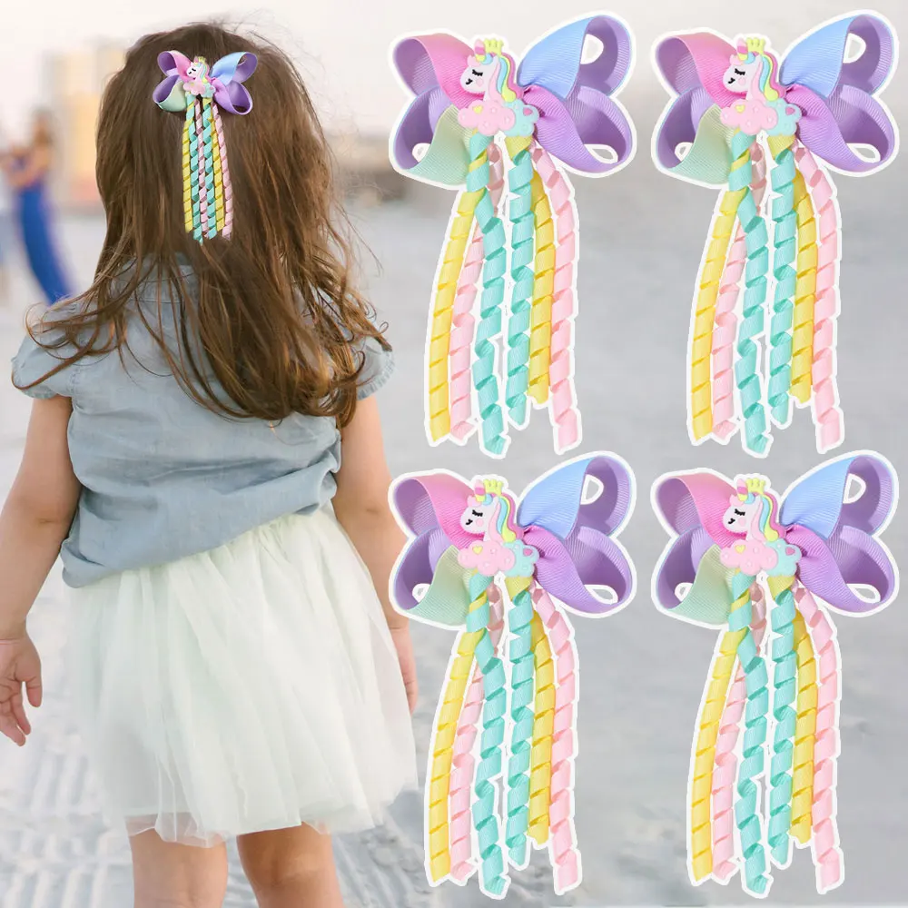 2PCS Sweet Ribbon Bow Hair Clips Cute Unicorn Barrettes Elegant Tassels Bowknot Hairpin Headwear Kids Hair Accessories