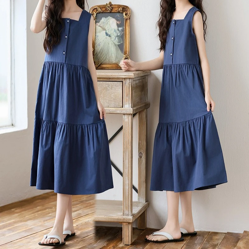 

Girls' Sleeveless Washed Cotton Suspenders Dress 2026 Summer New, Casual Gown for Big Kids Breathable Daily Wear