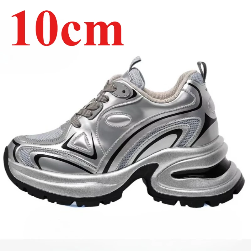 Silvery Chunky Sneakers Dad Shoes Women's 10cm Elevator Shoes Genuine Leather Thick Soled Height Increasing Casual Sports Shoes