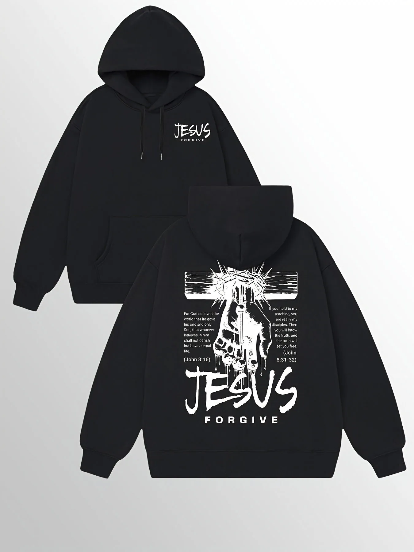 

Men's double-sided printed hooded sweatshirt Christian faith clothing with John 3:16 scripture, front and back design
