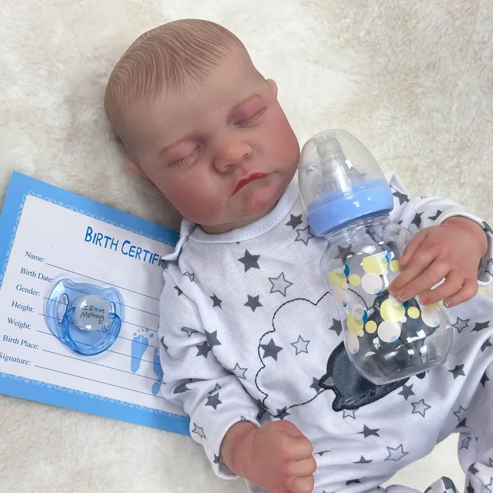 Boneca menino reborn de vinil de 18 polegadas |   Dormindo com olhos fechados, características faciais requintadas, cabelo/pele pintados à mão, pijama estrela de desenho animado