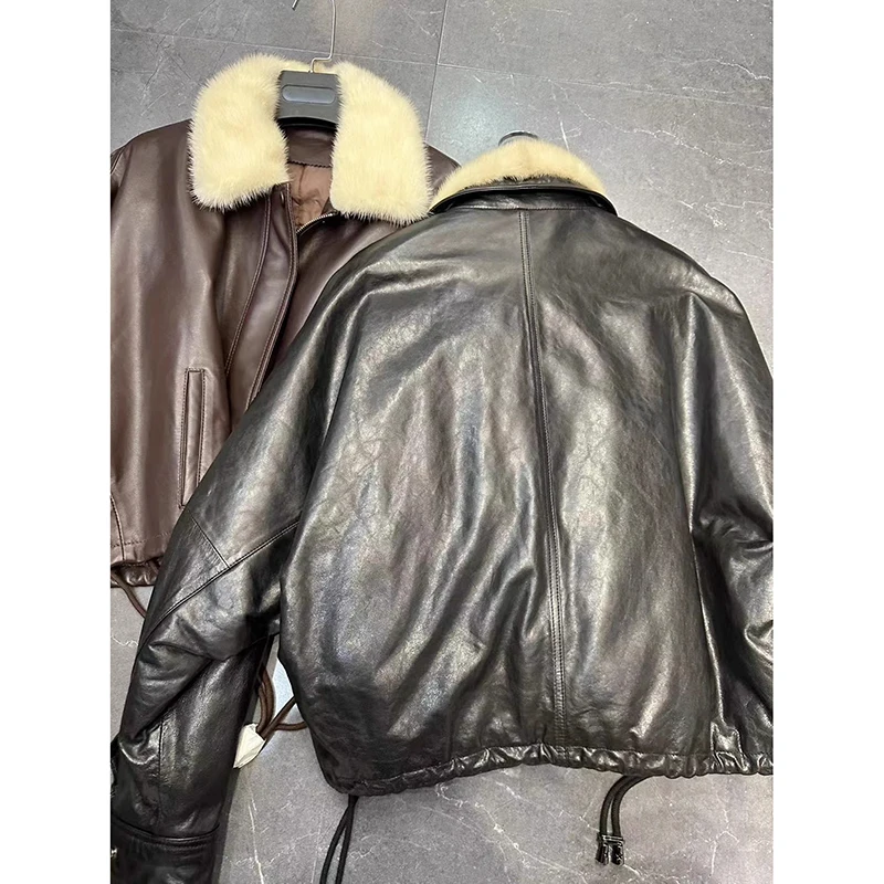 سترة جلدية حقيقية جديد الشتاء النساء الخضار دباغة النفط الشمع جلد الغنم الرباط فرو المنك طوق القهوة قصيرة أوزة أسفل معطف #2