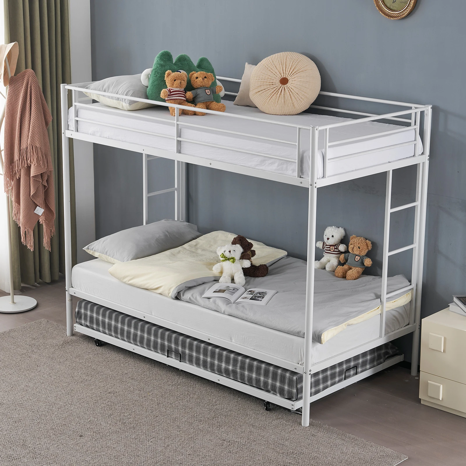 Bedroom Duplex Upper Bunk Iron Bed Double-layer Multi-functional Wrought Bed High Low Bed With Two Side Ladder And Guardrails