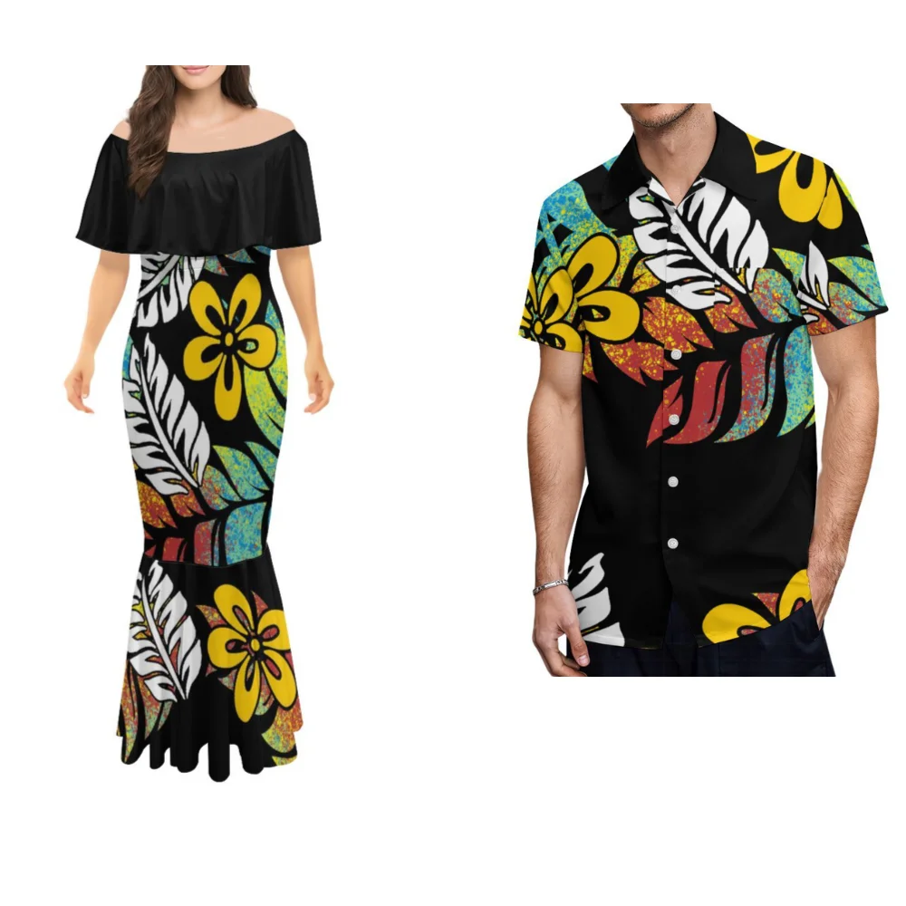 Hawaiian Dress Ruffled One-Shoulder Dress High Quality Custom Couple Dress Men's Shirt Party Dress Printed Polynesia