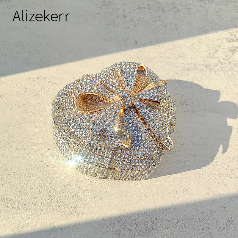 Alizekerr Heart Shaped Crystal Evening Bags Women Gorgeous Bow Diamond Metal Clutch Purses And Handbags Bridal Wedding Party