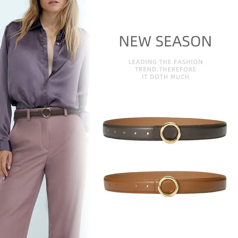 New Leather Belt with Women's Decorative Belt, Paired with Jeans, Fashionable and Versatile Pants,Waist, Retro Round Buckle Belt