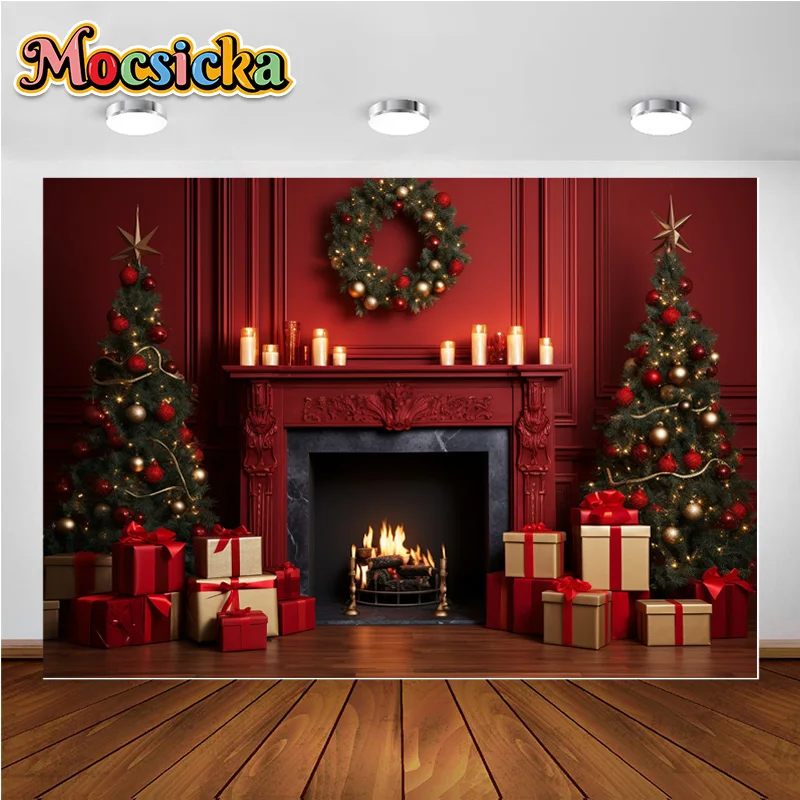 

Photography Backdrops Indoor Christmas Tree and Red Fireplace Background for Portrait Shooting Familly Party Supplies Photozone