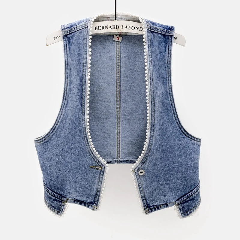 

Spring Denim Vest Women Front Short Back Long Waistcoat Fashion Beading V-Neck Jeans Vest Big Size Slim Sleeveless Jacket Female