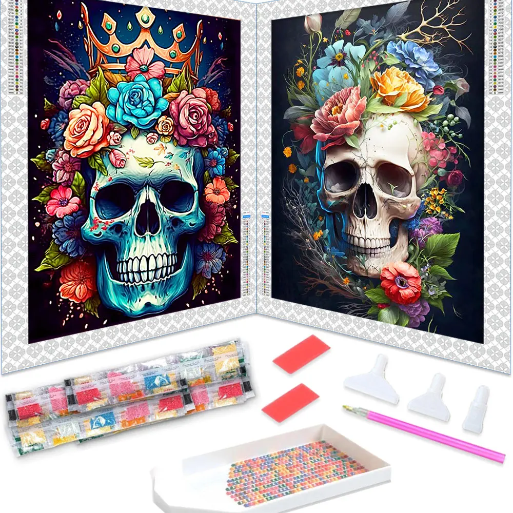 DIY Diamond Painting Skull Full Square Round Mosaic Flower Skeleton Art Embroidery Halloween Decorative Picture Home Decor