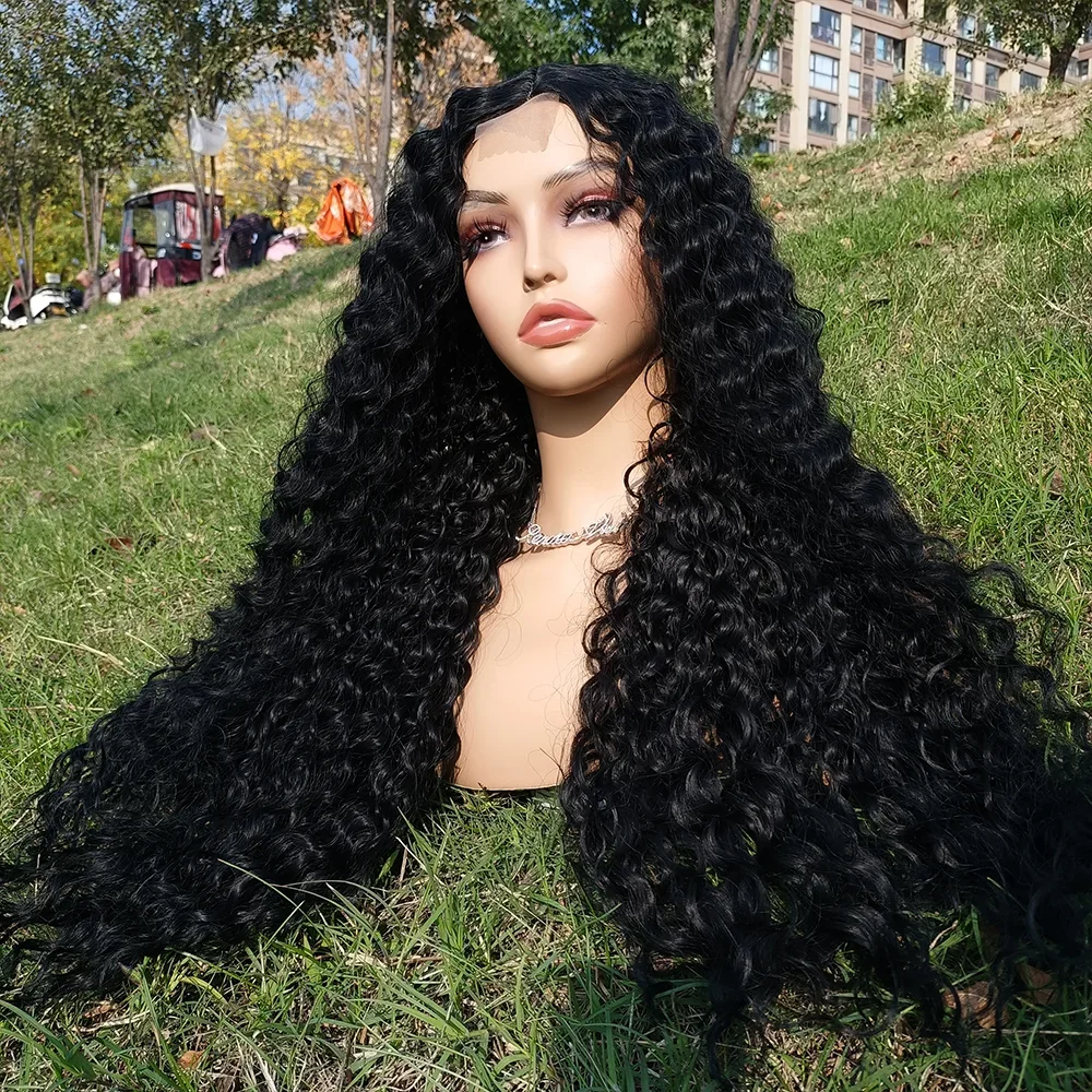 Afro Kinky Curly Lace Wigs Long Hair Synthetic Black Lace Wig Deep Part Burgundy Wig High Temperature for Balck Woman