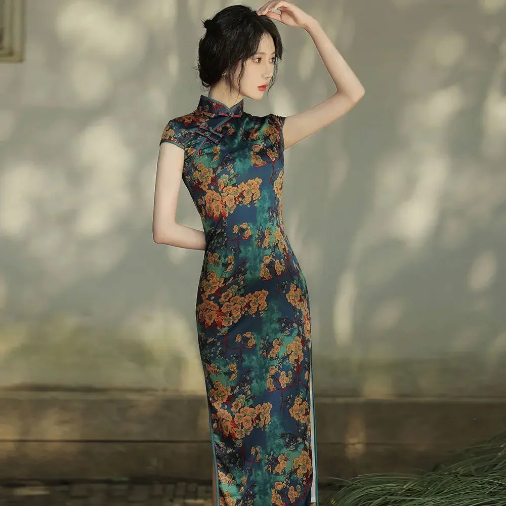 Estampas de mistura de algodão feminino vestido cheongsam manga curta, vestidos slim fit, estilo tradicional chinês, qipao, verão, 2024