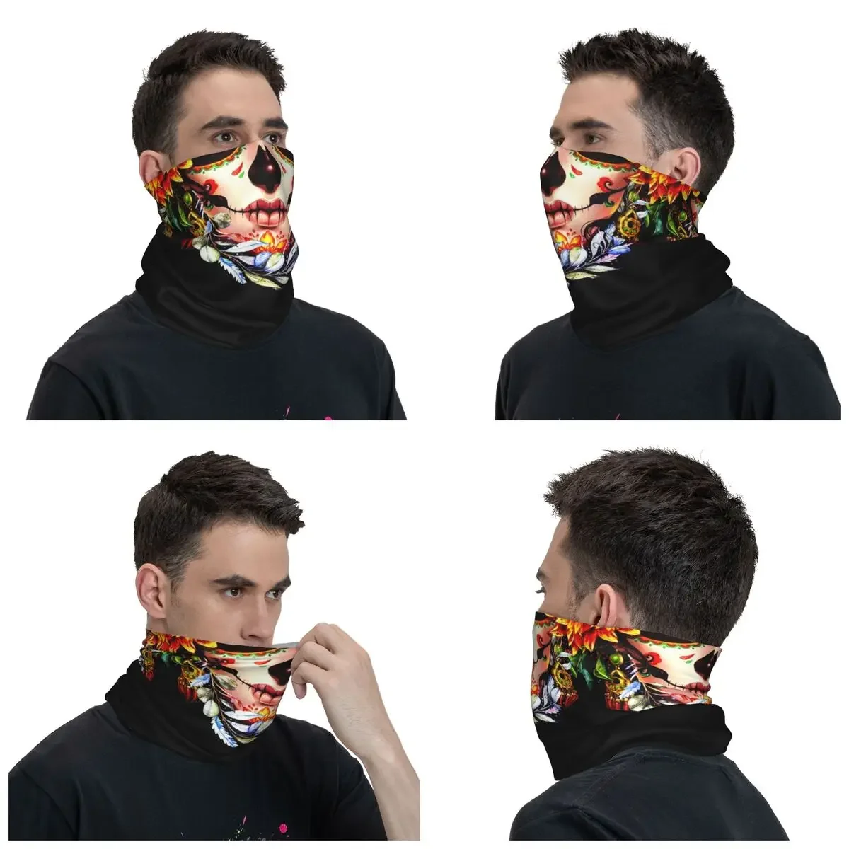 New Halloween Catrina Sugar Skull Bandana Neck Warmer Men Women Winter Ski Tube Scarf Gaiter Day Of The Dead Mexican Lady Face C