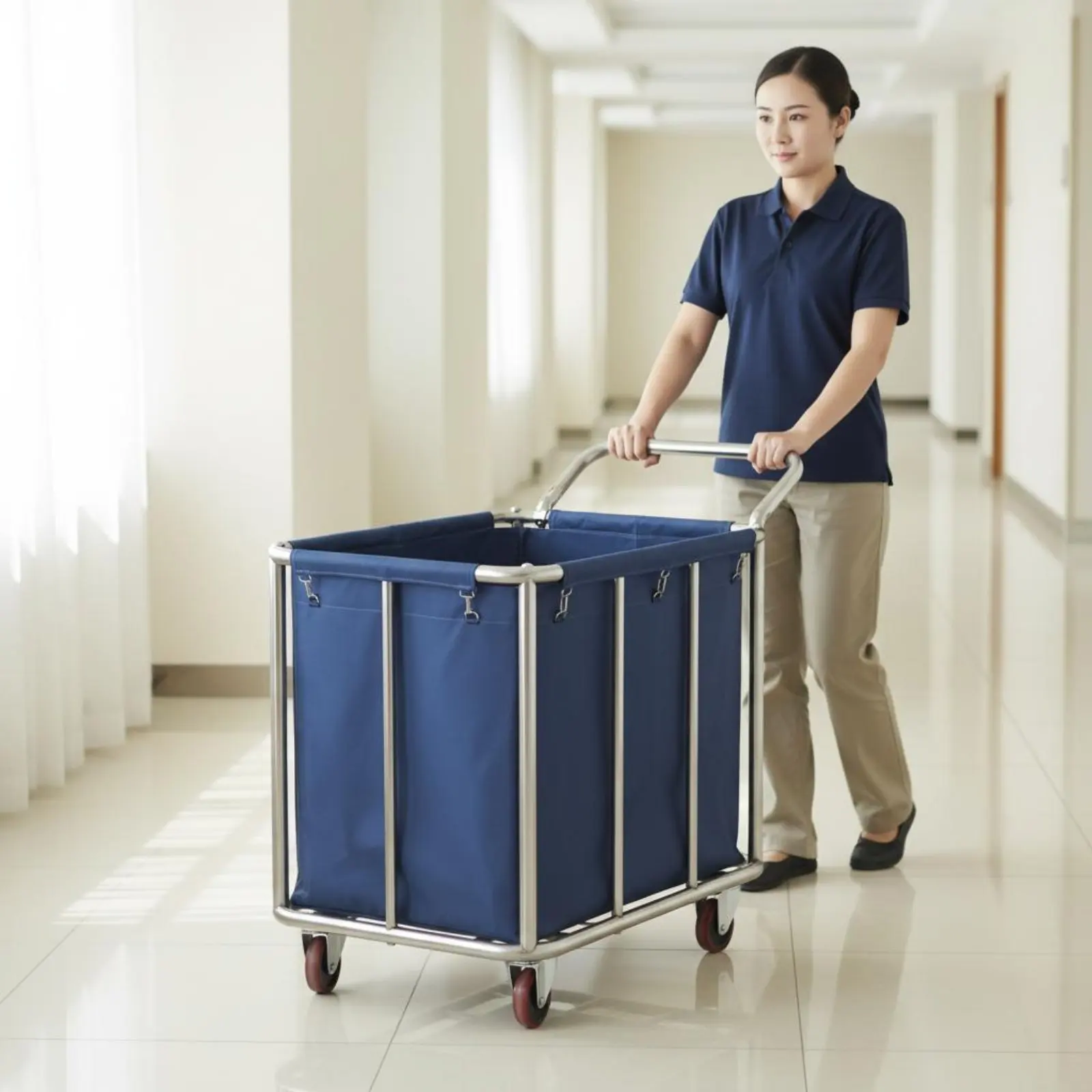 Picture 3: Hotel Linen Cart Large Capacity Stainless Steel Laundry Trolley Rolling Laundry Hamper Easy to Clean for Hospital, Laundromat