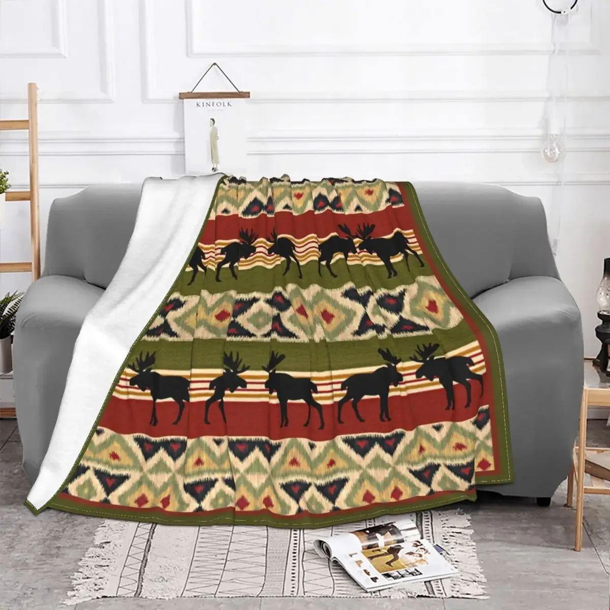 Moose Wildlife Animal Red Green Ochre Ikat Stripes Blankets Fleece Spring Autumn Antique Throw Blankets for Home Travel Quilt