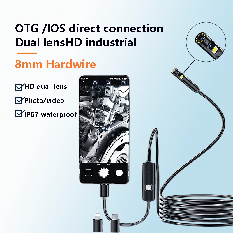 

2MP 8mm Industrial Endoscope 3 in 1 Micro USB Type-C Dual Camera for iOS/iPhone/Android Phone Waterproof Pipeline Inspection Bor