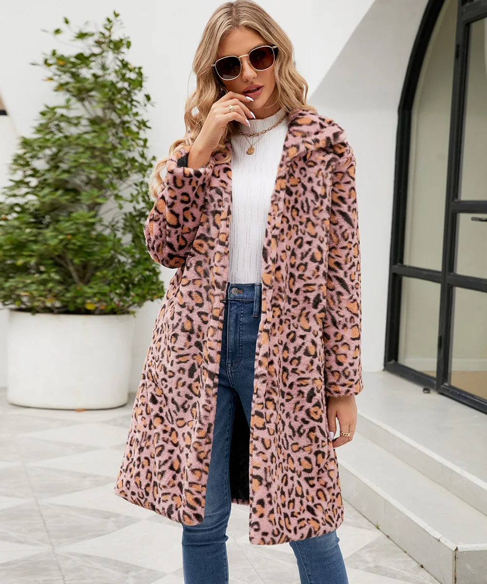 Autumn Winter Fur Coat Women Fashion Casual Square Collar Imitation Leopard Faux Fur Coat Plush Long Coat Winter Jacket 2024