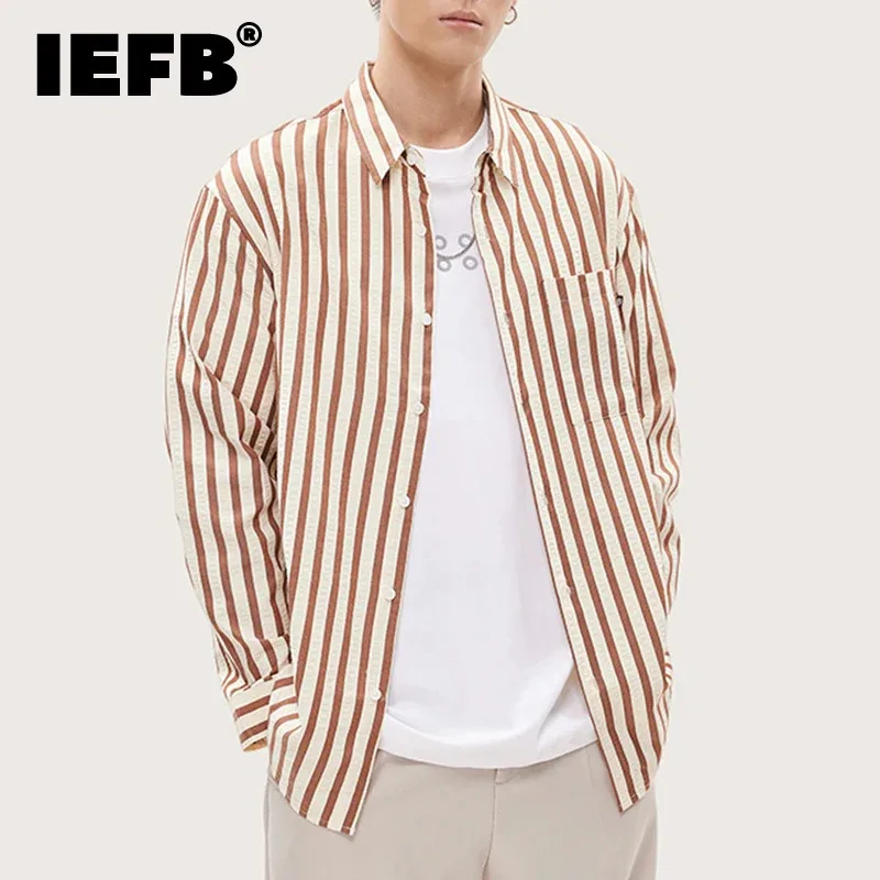 

IEFB Korean Style Men's Shirts Casual Stripe Single Breasted Contrast Color Turn-down Long Sleeve Male Tops Autumn 2024 9C6637