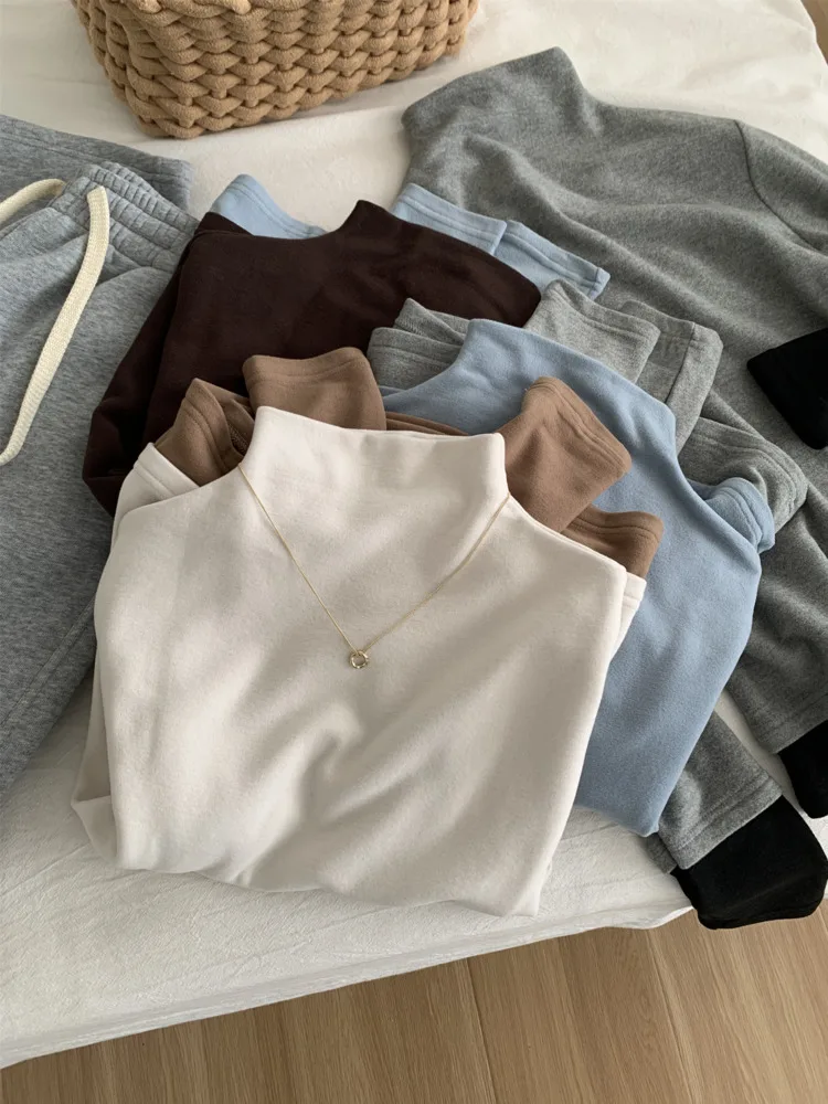 

Winter Thick Half High Collar Base Shirt For Women Double Sided Warm Velvet Patchwork Long Sleeve T-shirt