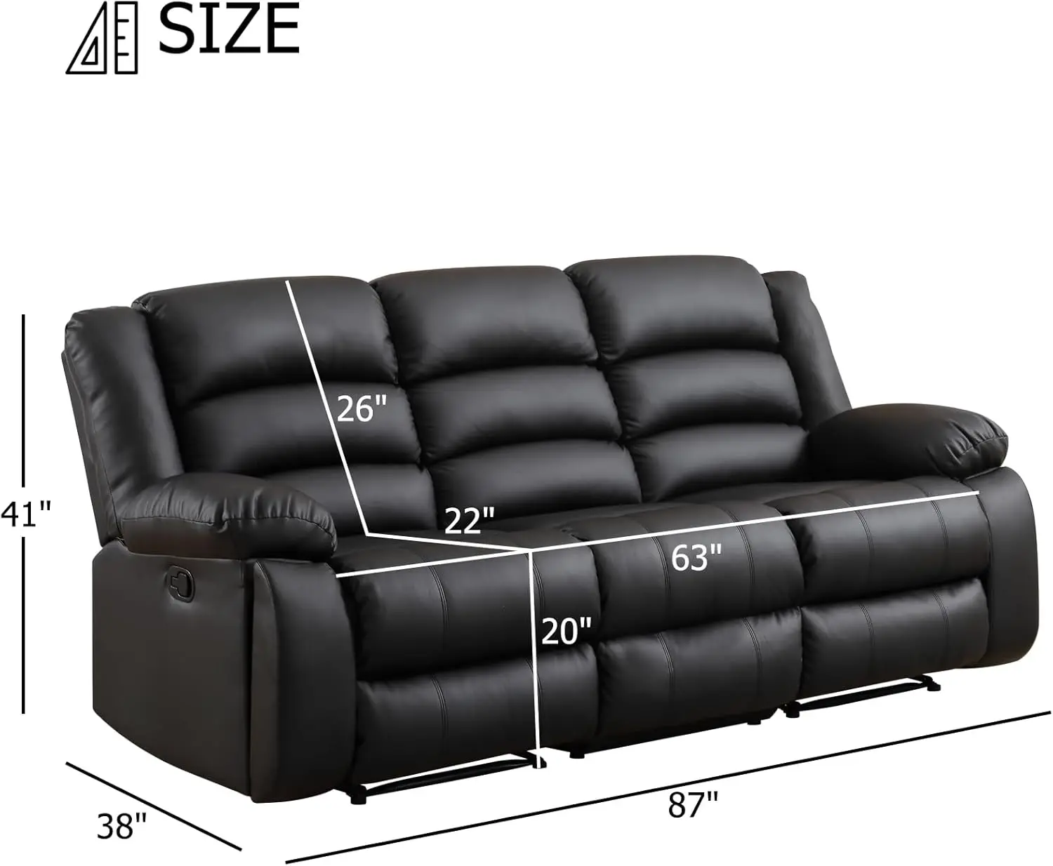 Faux Leather Manual Reclining Sofa with 2 Concealed Cup Holders,Overstuffed Armrest 3 Seat Recliner Sofa