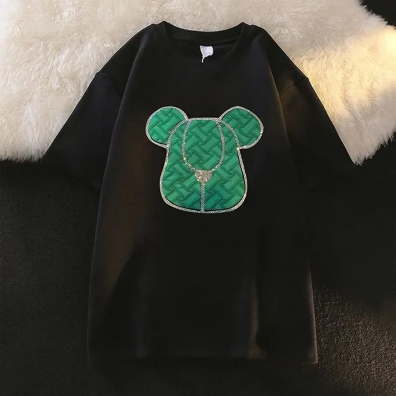 Women's Oversized White T-Shirt with Green Bear Face Design, Silver Thread Accents, Casual Loose Fit Top for Everyday Wear