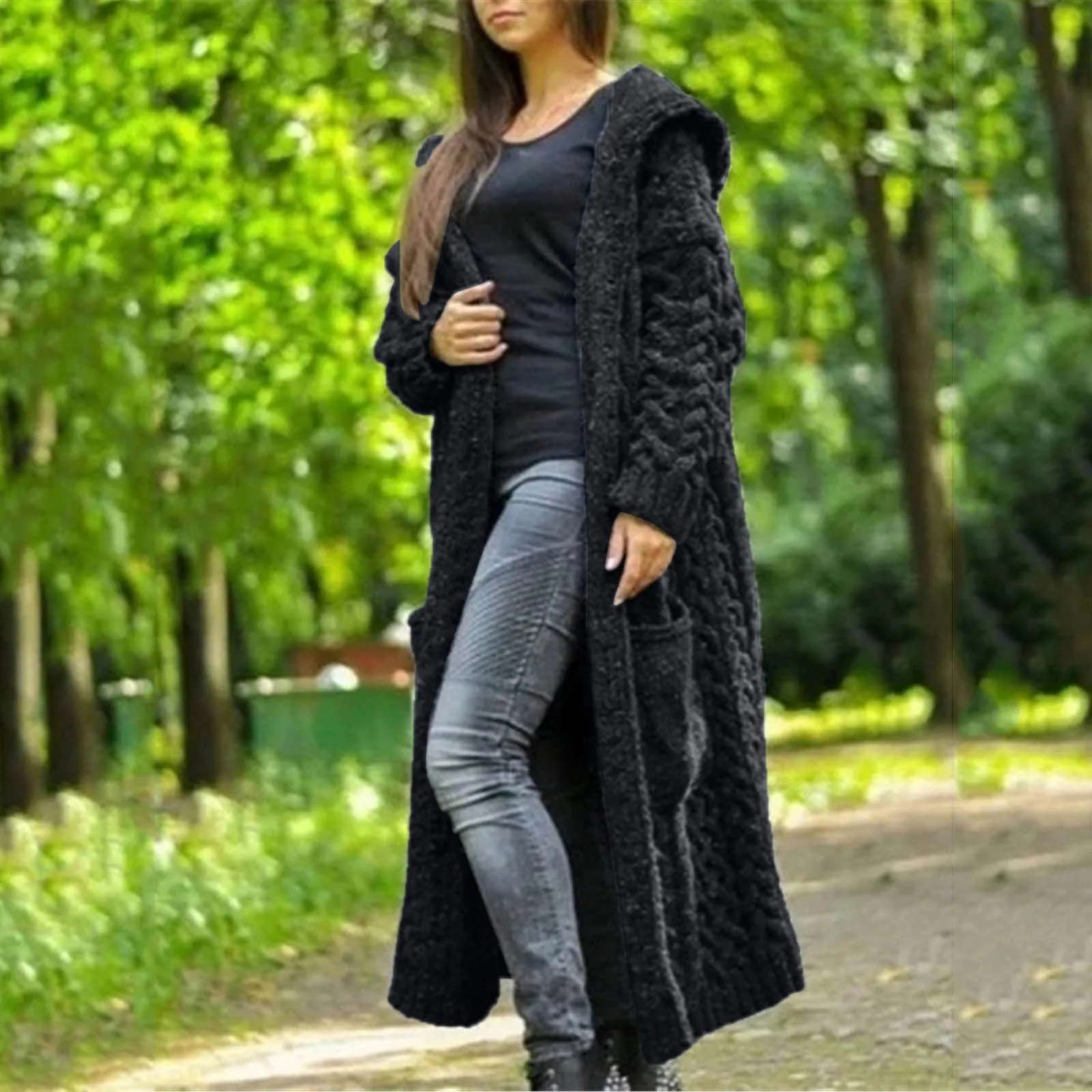 Sweatshirts Cardigan Women Solid Color Long Sleeve Braid Knit Cardigan Female Autumn Winter Hooded Pocket Sweater Coat Overcoats