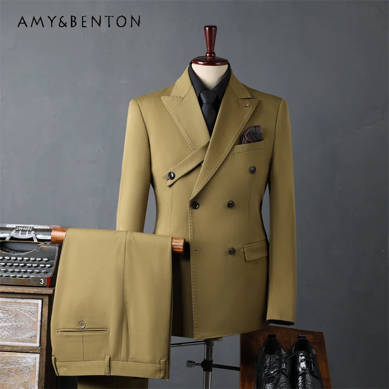 

High End Handsome Men Formal Wear British Fashion Gentleman Slim Business Professional Casual Coat Straight Pants Mens Suits