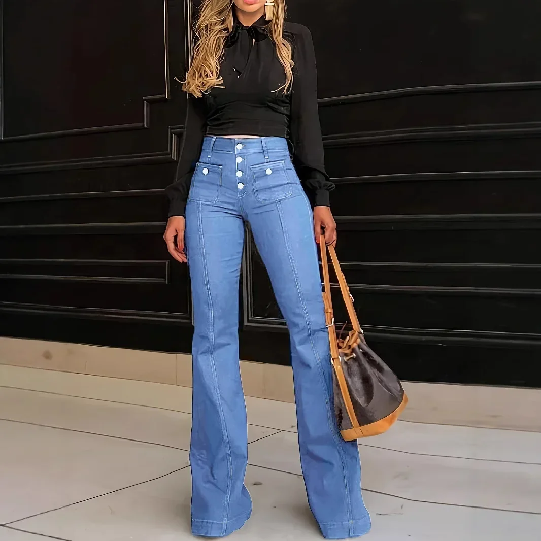 Slim Fit American Retro Patchwork Denim Jeans Women's Spring Summer New Style Elastic Flared Pants Casual Female Wear