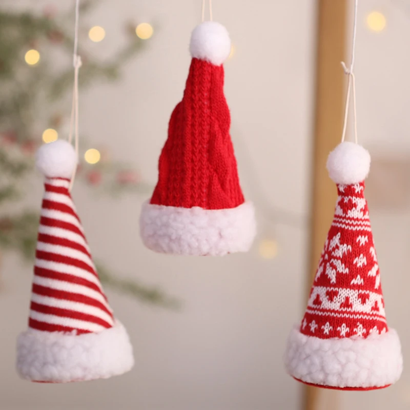 1pc Christmas Red Knitted  Cap Pendant with Plush Pompom Cute Xmas Tree Hanging Ornaments DIY Home Party Navidad New Year Decor