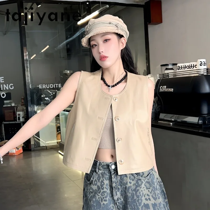 TAJIYANE Genuine Leather Jacket Woman Sheepskin Leather Vest Round Neck Veste Femme Cropped Jackets for Woman Chic Waistcoat 자켓