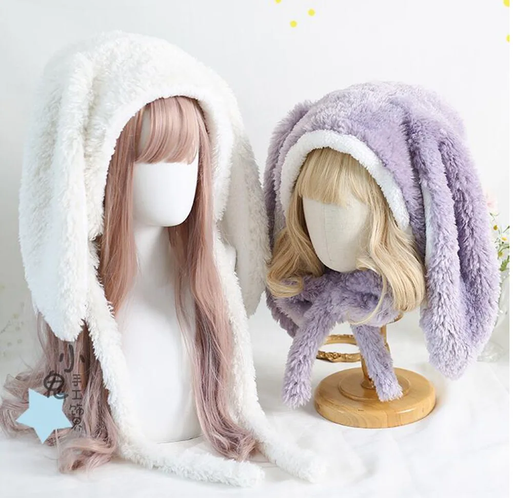 Japanse Sweet Bunny Eared Rabbit Cap Lolita Oorbeschermers Cap Pluizige Warme Winter Fleece Hoeden