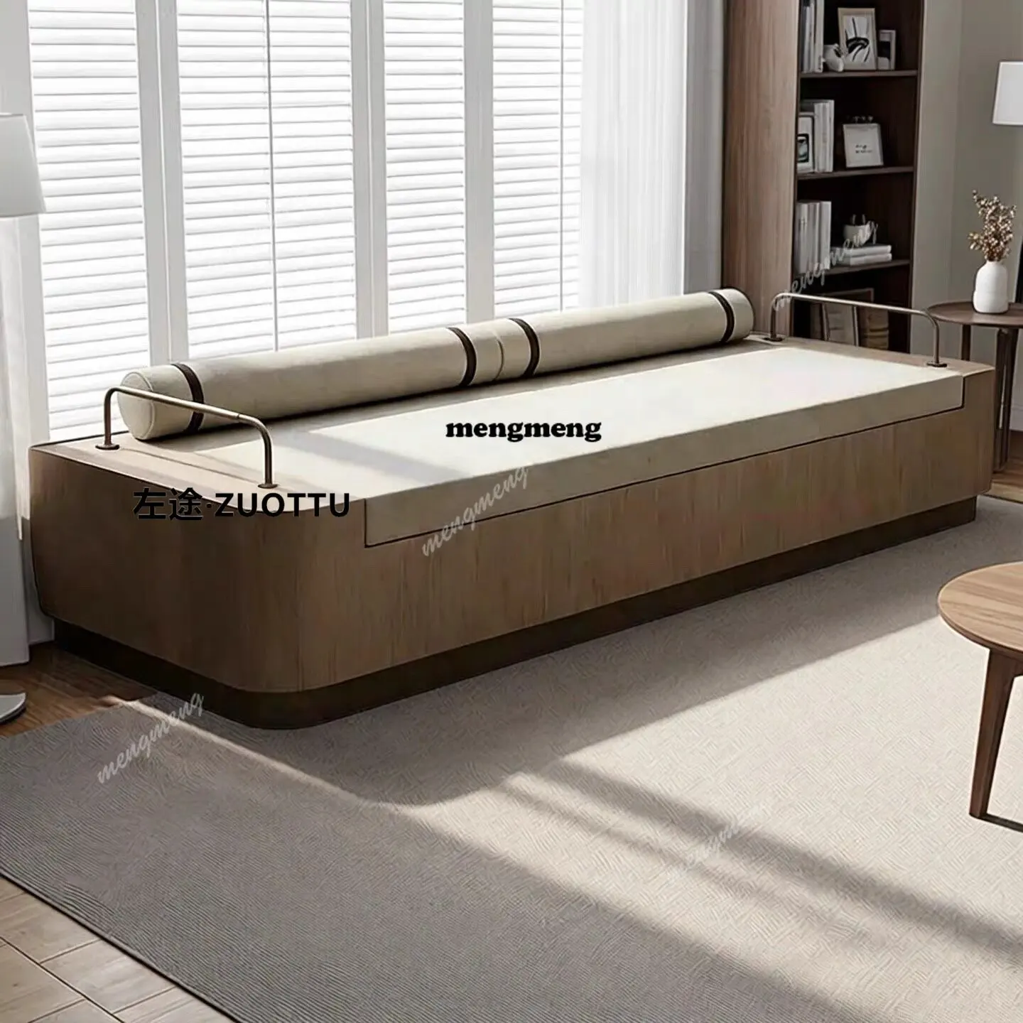 

Nordic solid wood living room fabric metal sofa light luxury beauty salon club cafe straight row card seat leisure bench