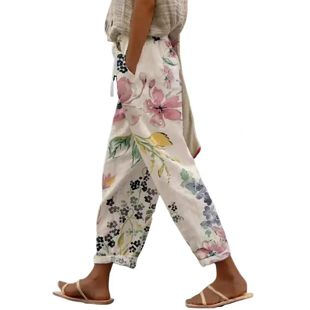 Women Floral Drawstring Pants Commuting Pants Floral Print Elastic Waist Harem Pants Boho Lace-up A-line Dress Set for Women