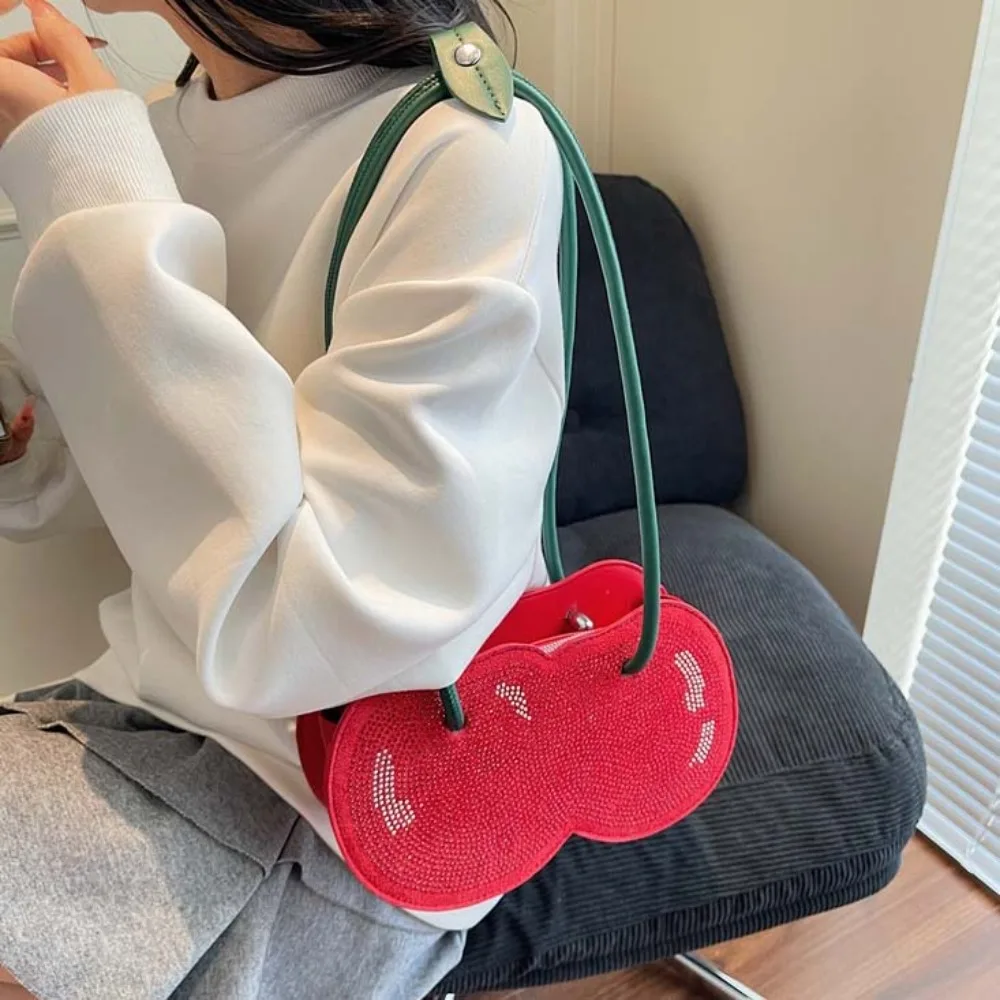 

Sweet Cherry Shape Underarm Bag Anti-splash Water Creative Red Fruit Handbag Polyester Large Capacity PU Rhinestone Bag Work