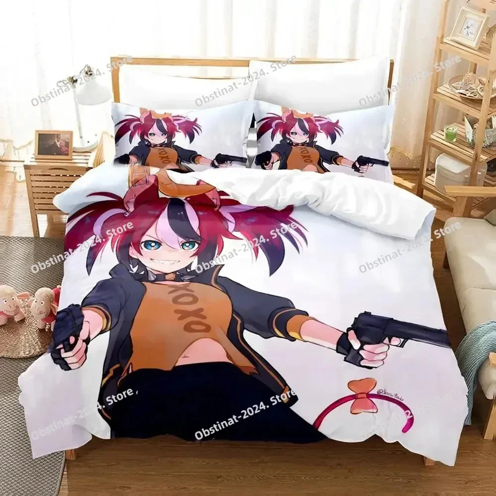 3D Print Hakos Baelz Anime Bedding Set Printed Bed Set With Pillowcase Bed Duvet Cover Soft Single Double Queen Super King Size