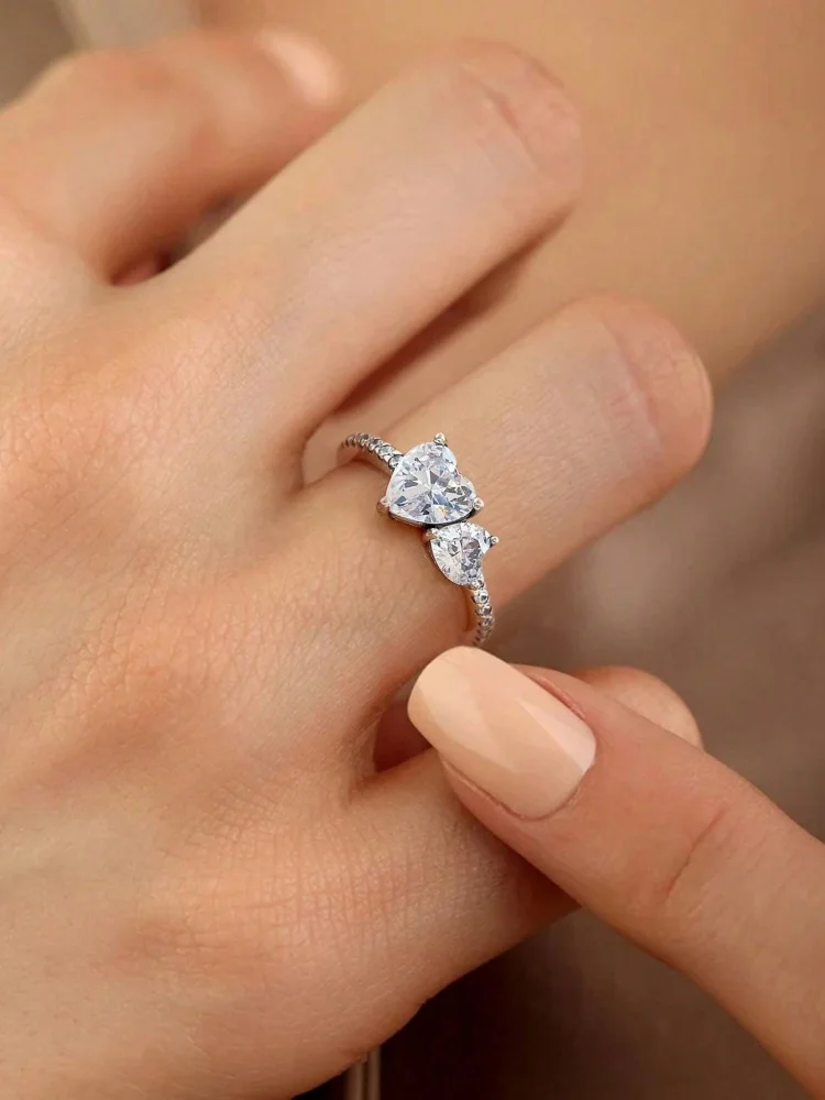 925 فضة الزركون البساطة مزدوجة الحب القلب الدائري للنساء المشاركة الزفاف الفاخرة عالية الجودة غرامة مجوهرات