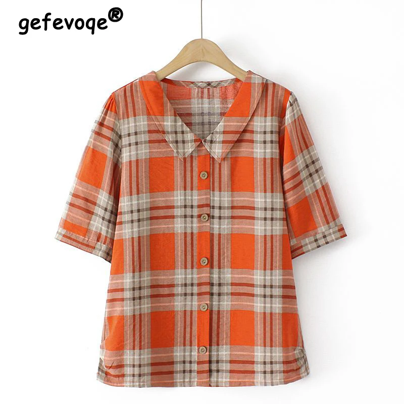 Women Vintage Classics Plaid Button Up Shirt Summer Fashion Peter Pan Collar Short Sleeve Blouse Simple Casual Loose Tops Blusas