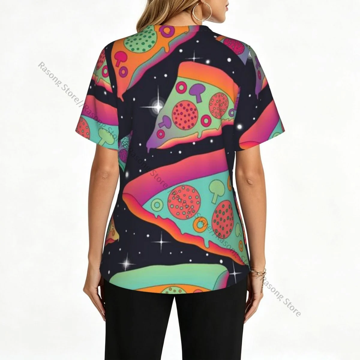 Women's Scrub Tops Short Sleeve Workwear Shirts Fitness Nursing Uniform Colorful Pizza Pullover Doctor Nursing Shirt