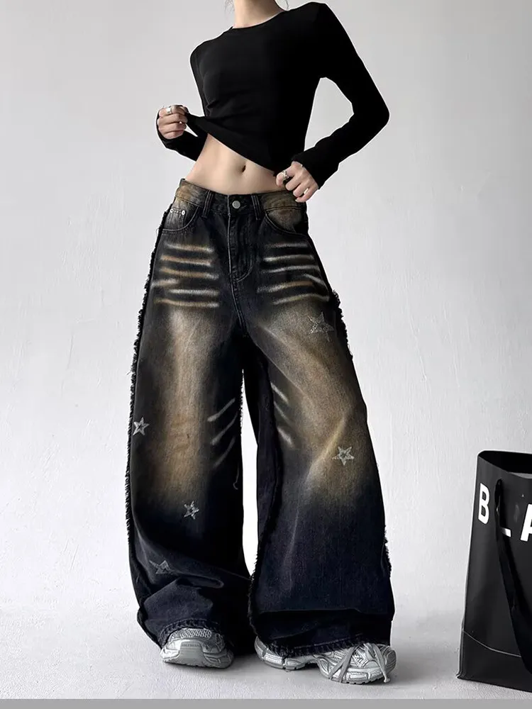 Black Jeans Women Vintage High Waisted Cargo Jeans Straight 2025 Summer Casual Loose Big Size Wide Leg Denim Baggy Pants Y2K