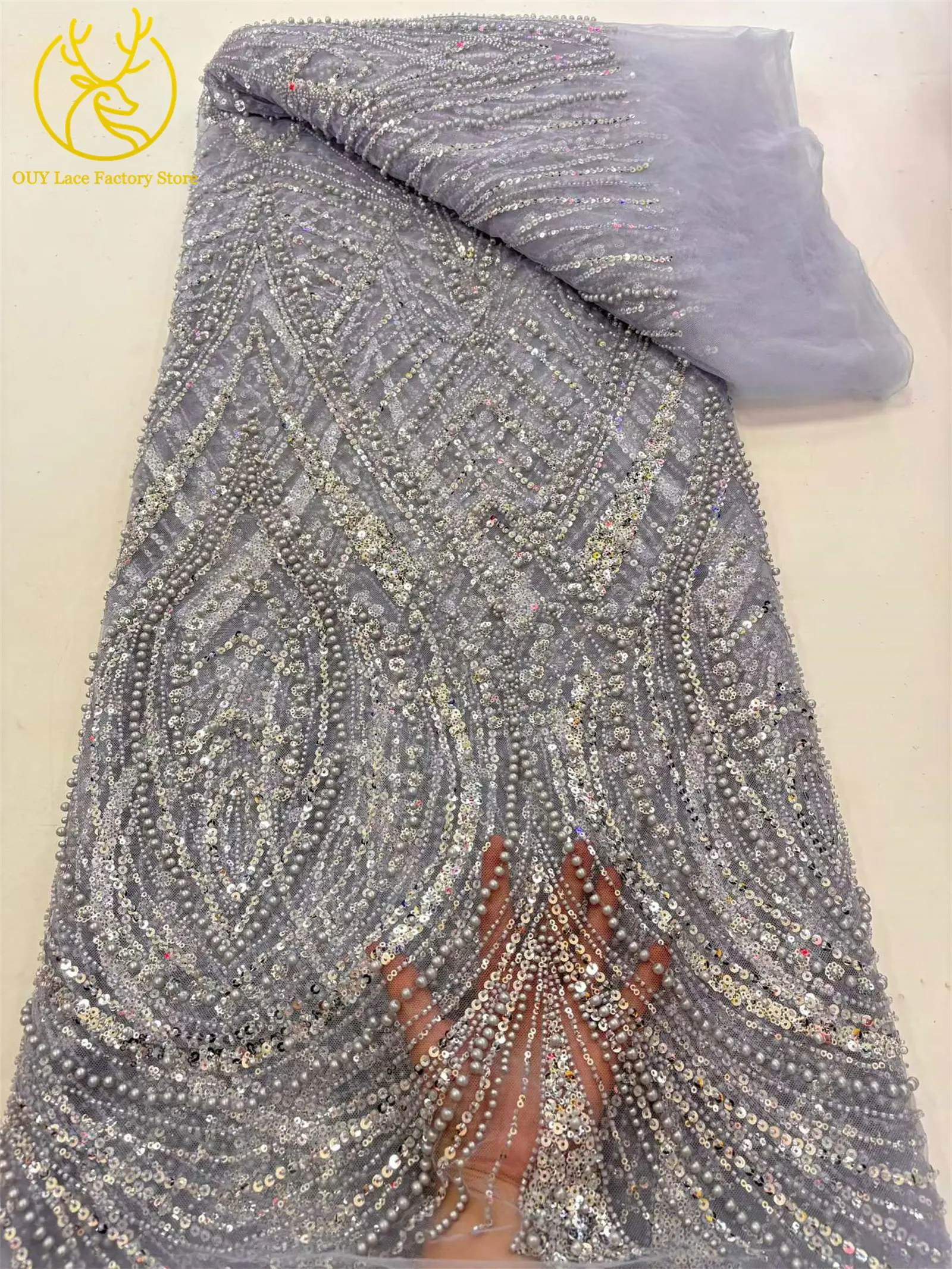 Afrikanischer Perlenstickerei-Spitzenstoff, 5 Yards, hochwertiger, eleganter Pailletten-Spitzenstoff, grün, nigerianisch, für Hochzeits- und Abendkleider – Detail 15