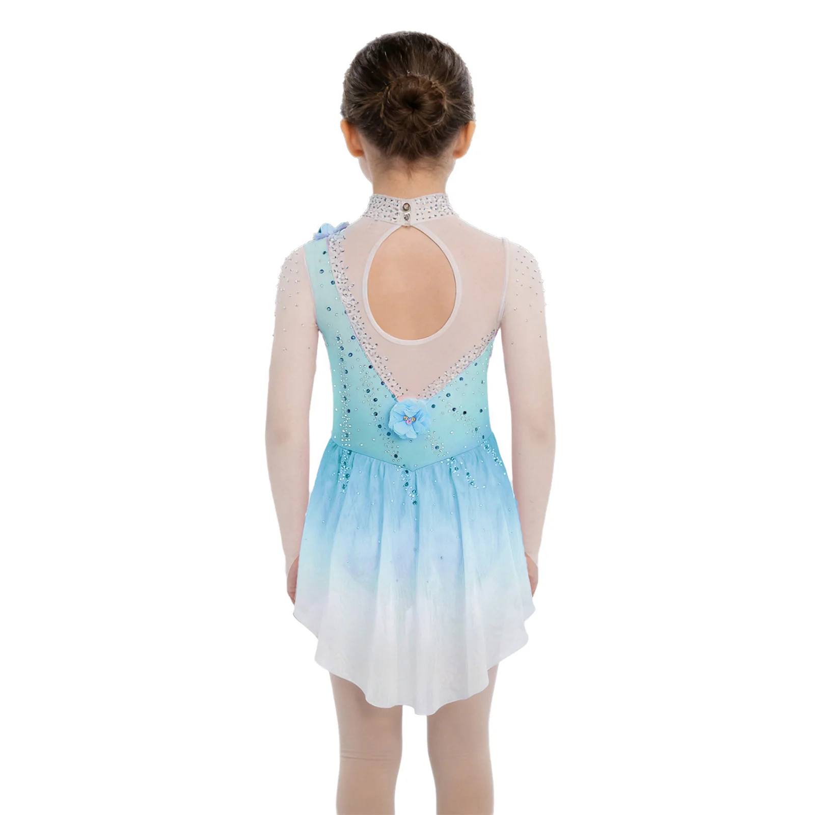 أطفال بنات زين فستان غنائي للجمباز الشكل التزلج أداء الرقص زي بقماش شفاف الترتر فستان رقص المرحلة #3