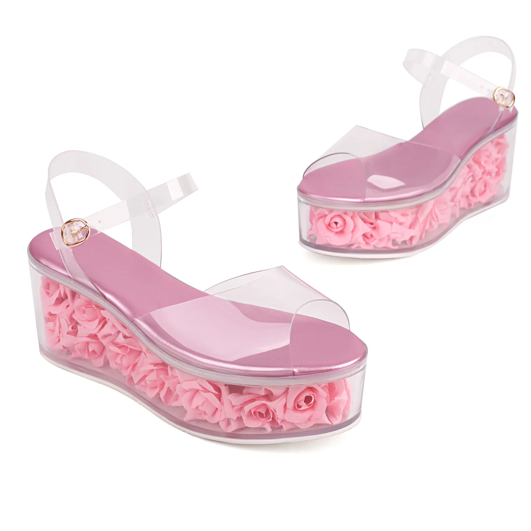 

PVC Transparent Peep Toe Platform Summer Women Slippers Rose Flowers Wedges High Heels Slip On Design Fashion Shoes