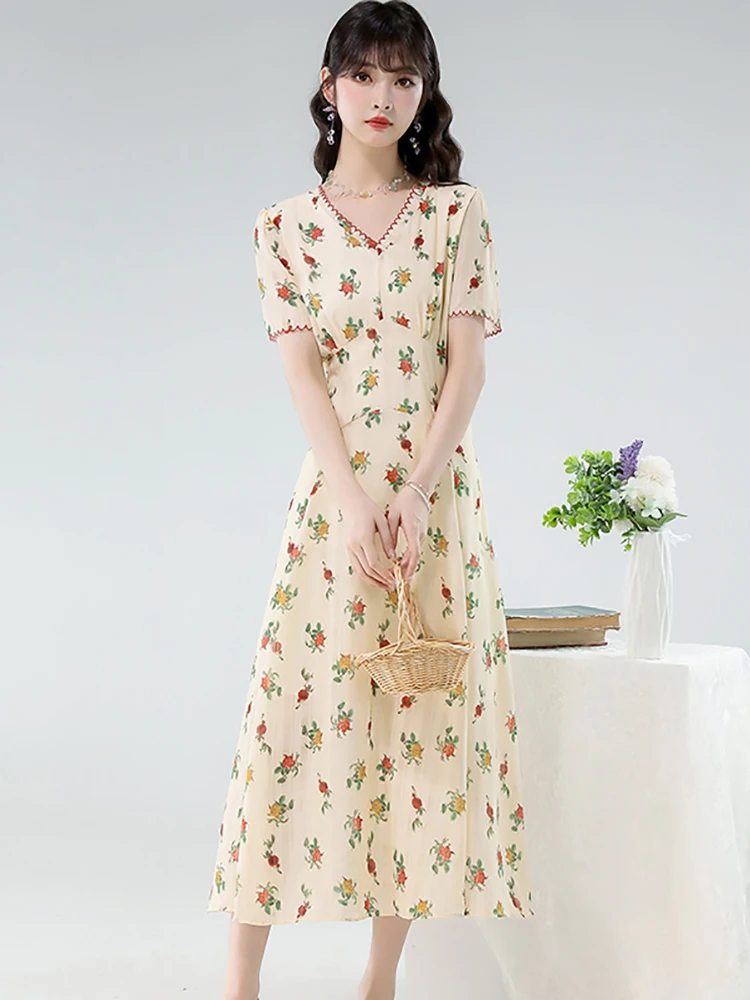 Damska Niebieska Sukienka Letnia w Kwiaty z Krótkim Rękawem, Dekolt V, Elegancka, Codzienna Sukienka w Stylu Boho, Rozkloszowana Sukienka A-Line, Nowa Koreańska Sukienka Bodycon Jednoczęściowa 2025