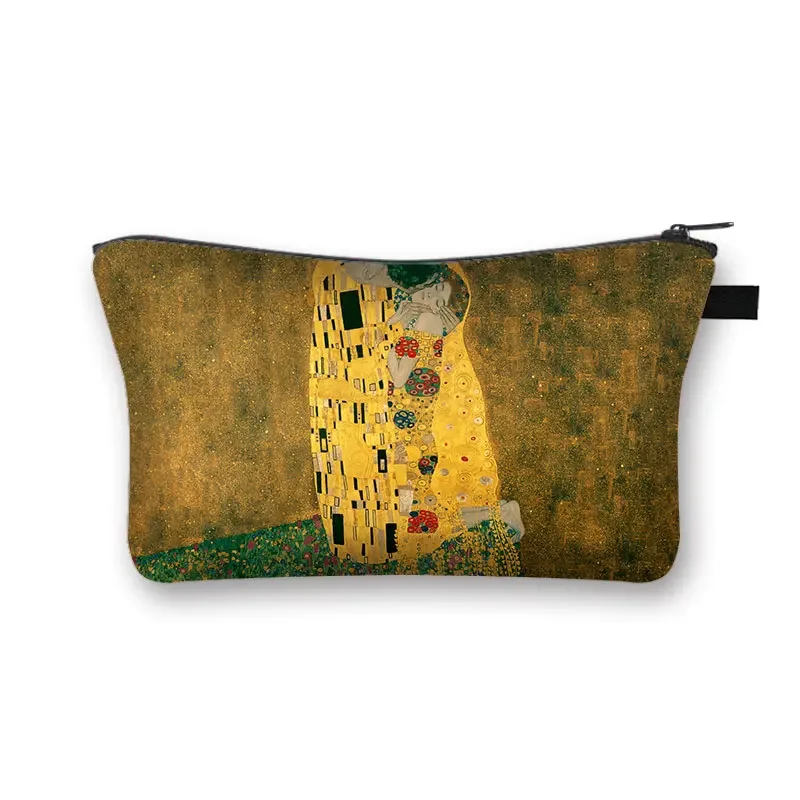 Gustav Klimt By Famous Oil Painting Cosmetic Case Women MakeUp Bags Van Gogh Irises Zipper Lipstick Toiletry Case Gift