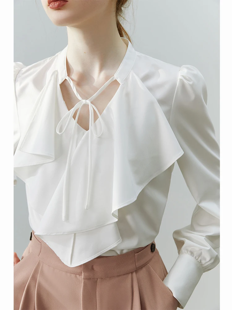 FSLE Elegant Ruffled V-Neck Shirt Women Autumn Winter Design Sense Small Chic Top Beautiful Western Style Lace Up Female Blouses