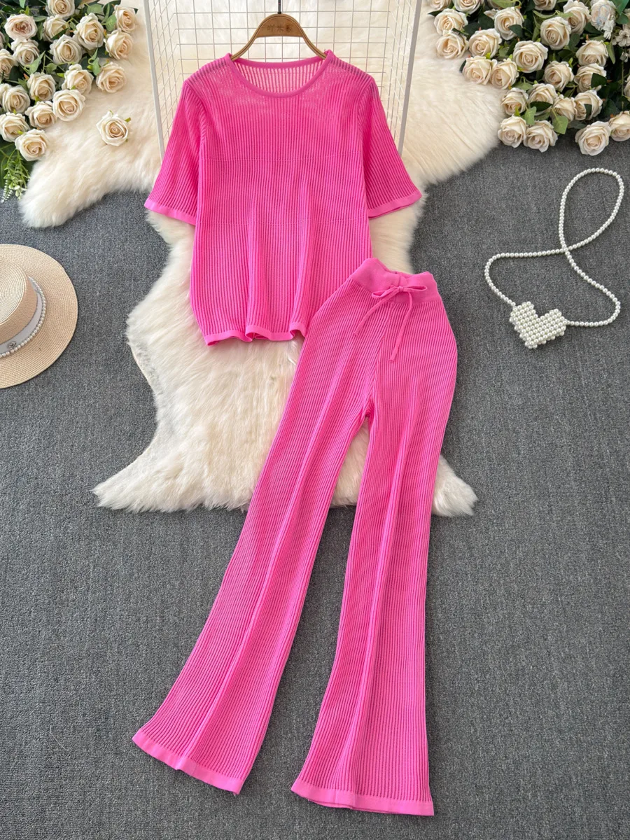 2024 Casual Set Summer New Round Neck Hollow Out Knitted Pullover Top+High Waist Wide Leg Pants Two Piece Set For Women Outfits