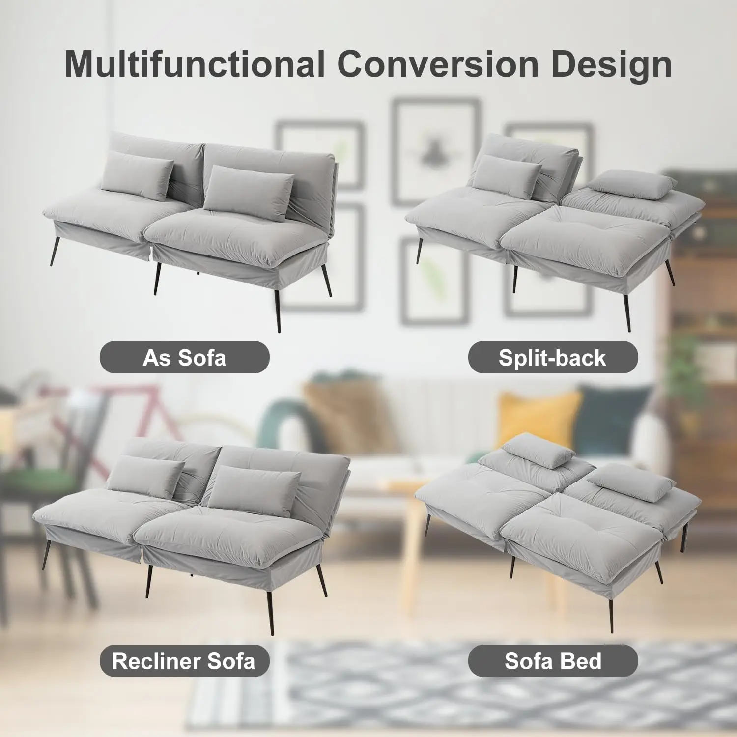 Multi-Functional Convertible Sofa Bed, Futon Couch with Adjustable Backrest, Fabric Sleeper for Guests, Loveseat Guest Bed