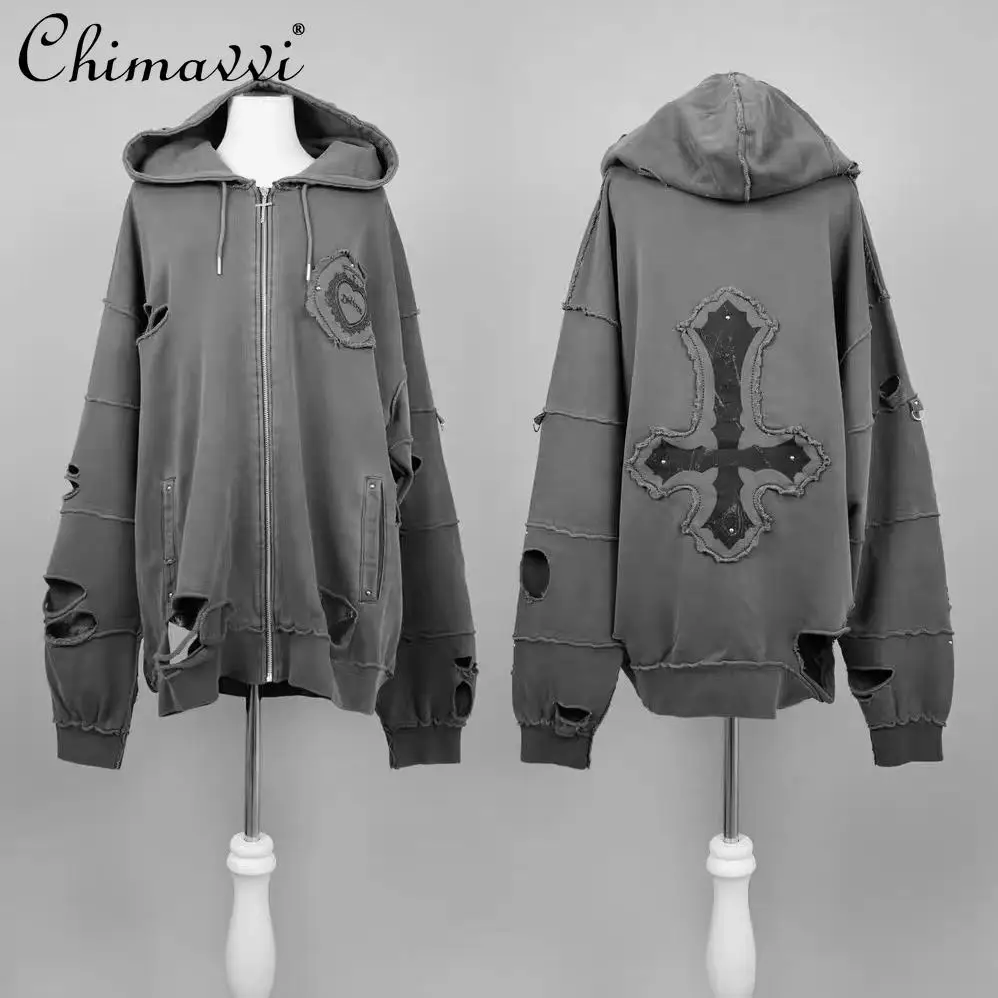 Japanese Mine Cross Ripped Retro Subculture Hooded Sweatshirt Cardigan Jacket Women's Goth Punk Zipper Hoodie Coat Outwear