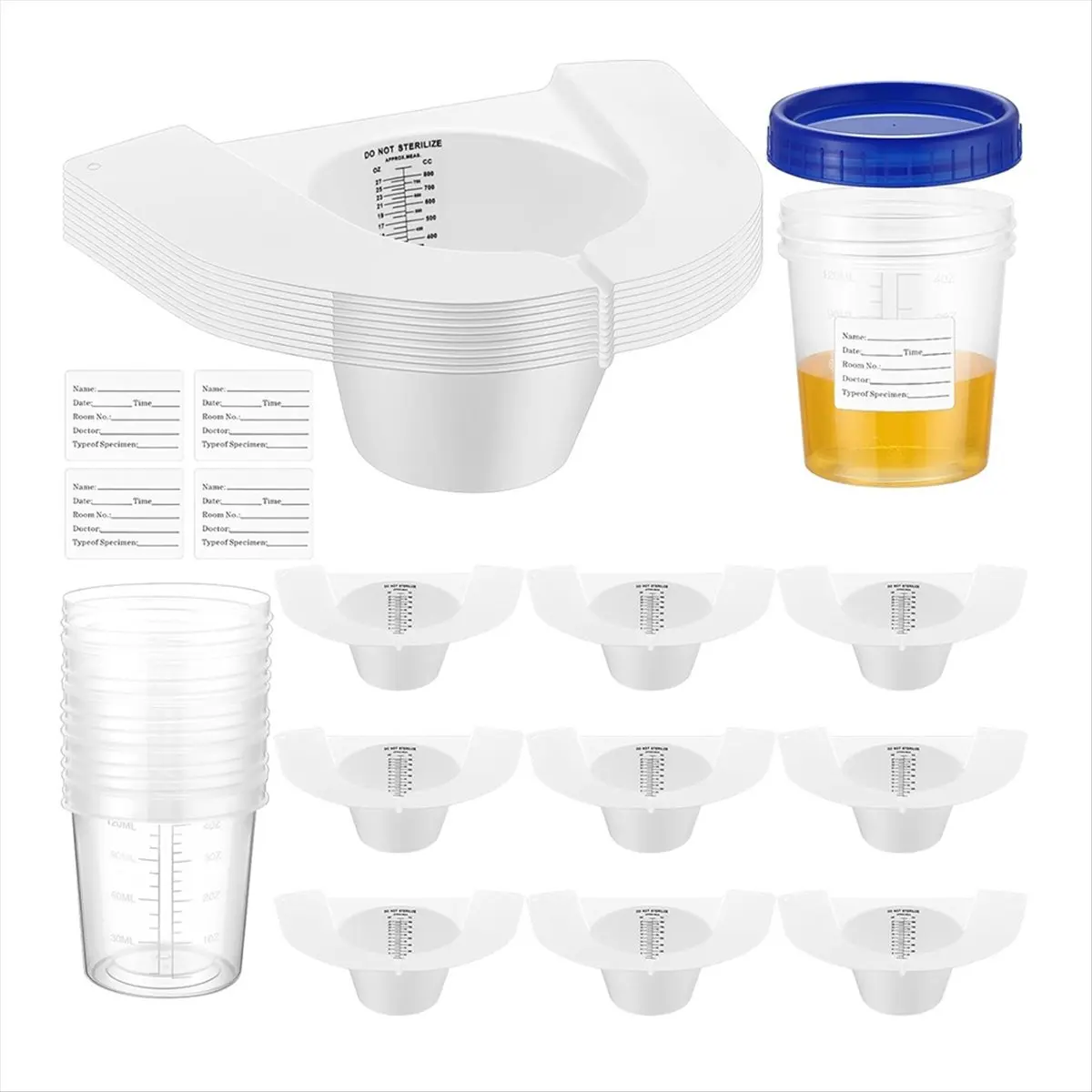 HGHO 30 Pcs Urine Collection Hats for Toilet Sets Including 10 Urine Collector, 10 Sample Cup Containers, 10 Stickers